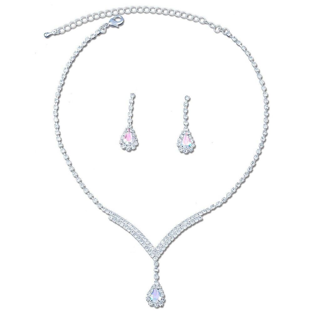 Diacly Necklace Set Y Shape Dangle Women OS Silver AB Rhinestone Formal NWT